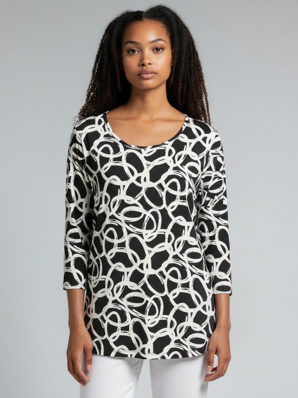 JM Collection Black & White Ring-Print Long-Sleeve Tunic